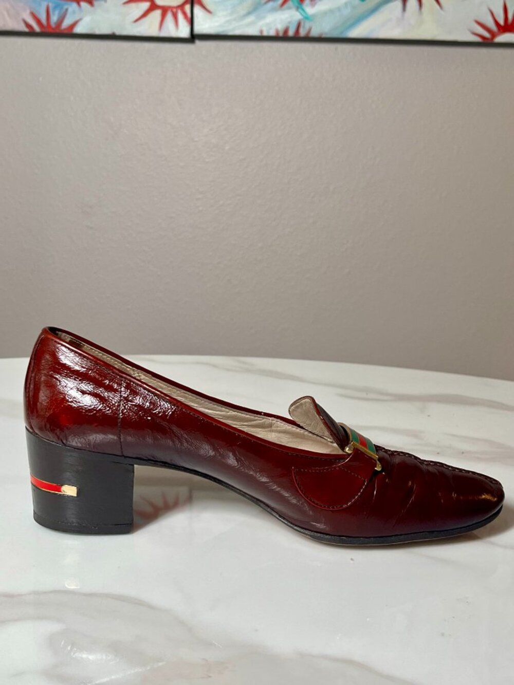 Gucci Oxblood Patent Leather Web Stripe Vintage Block Heel Loafers 39 AA - Picture 5 of 10